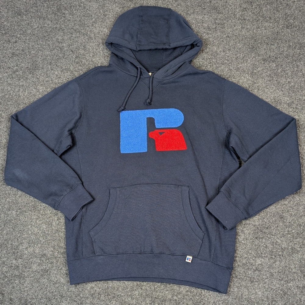 Russell Athletic Pullover Mens Medium Navy Blue Eagle Logo Chenille Patch Hoodie